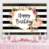 Lofaris Black-And-White Stripe And Floral Birthday Backdrop